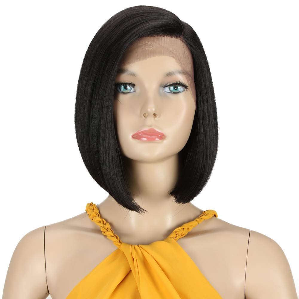 D But Synthetic Lace Front Wigs For Women, Hd Lace Side Part Straight Bob Wig, Short Black Bob Heat Resistant Fibers 1B Color A