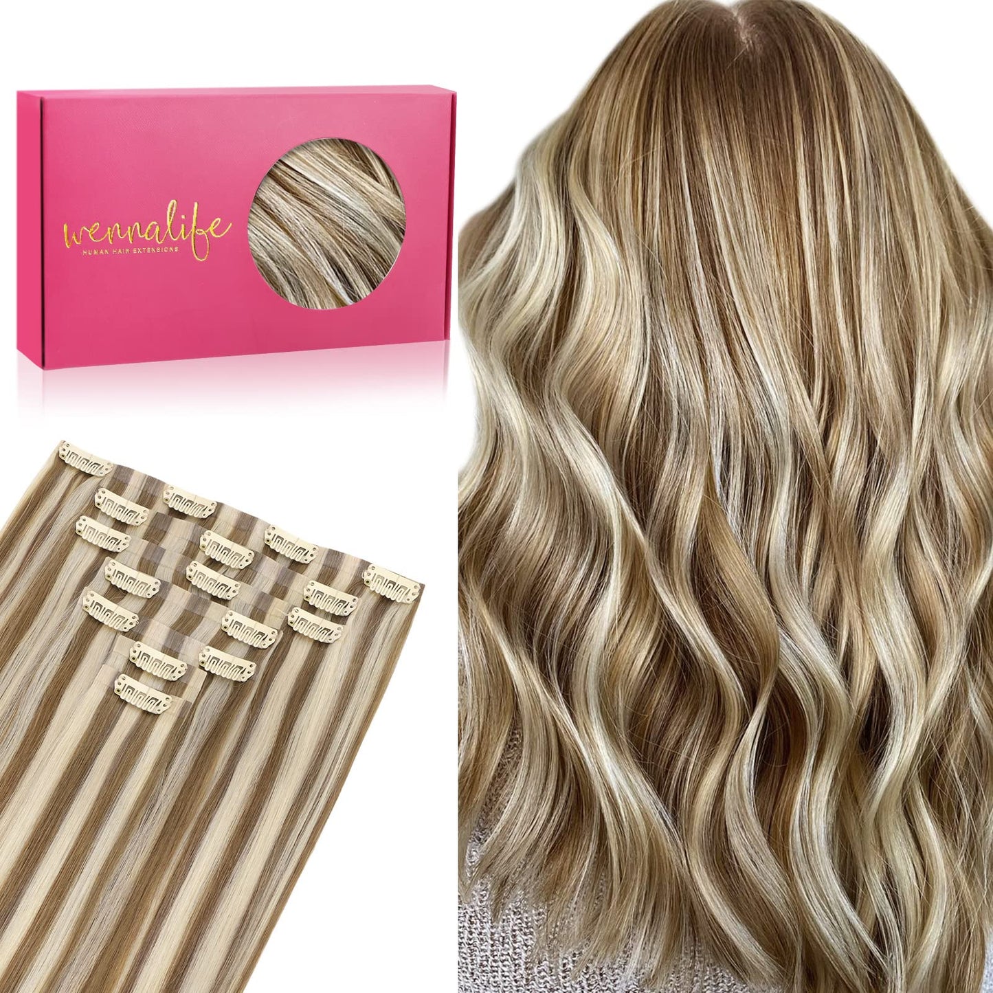 Wennalife Seamless Clip In Hair Extensions, 20 Inch 7Pcs 150G Ash Brown Highlighted Golden Blonde Hair Extensions Clip In Real H