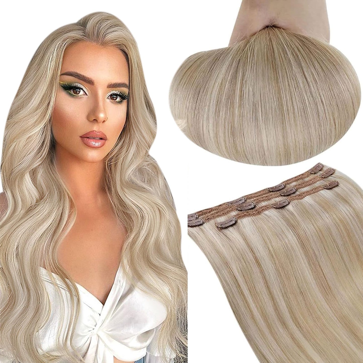 Runature Real Hair Extensions Clip Ins 20 Inch Ash Blonde Hair Extensions Clip In Human Hair Double Weft Straight Remy Hair Clip
