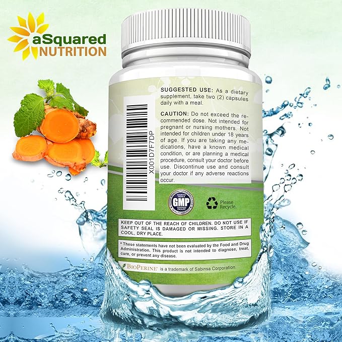 aSquared Nutrition Turmeric Curcumin 1600mg with BioPerine Black Pepper Extract - 180 Capsules with 95% Curcuminoids, 100% Natural Tumeric Root Powder Supplements, Natural Joint Stiffness Relief Pills