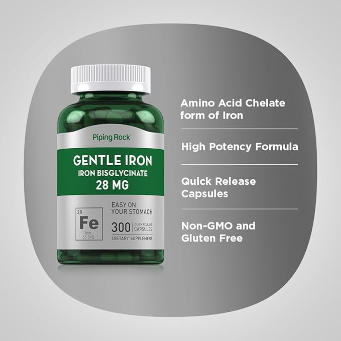 Piping Rock Iron Bisglycinate 28 mg | 300 Capsules | Gentle Iron Supplement | Non-GMO & Gluten Free