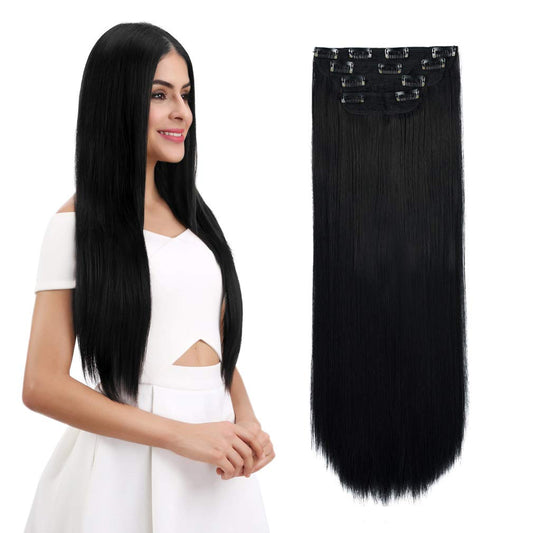 Reecho Multi-Length 12'' 14'' 16'' Long Straight 4 Pcs Set Thick Clip In On Hair Extensions Natural Black