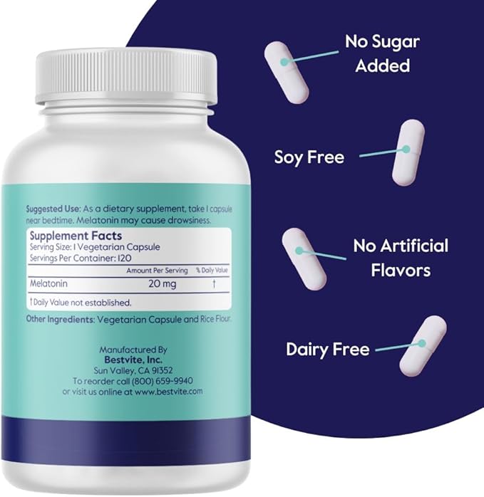 BESTVITE Melatonin 20 mg - 120 Veg Caps - No Stearates - No Sucralose, No Dextrose, No Silicon Dioxide, No Mannitol - Vegan - Non-GMO - Gluten-Free