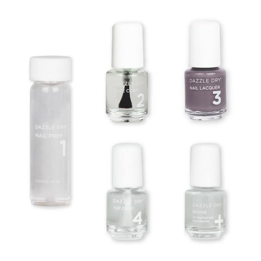 Dazzle Dry Mini Kit 4 Step System - Anticipation, an opaque dark slate gray with purple undertones. Full coverage cream. (5 Piec