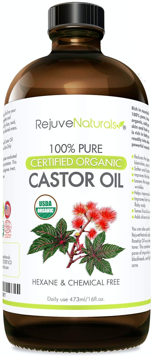 RejuveNaturals Castor Oil (16oz Glass Bottle) USDA Certified Organic, 100% Pure, Cold Pressed, Hexane Free. Boost Hair Growth fo