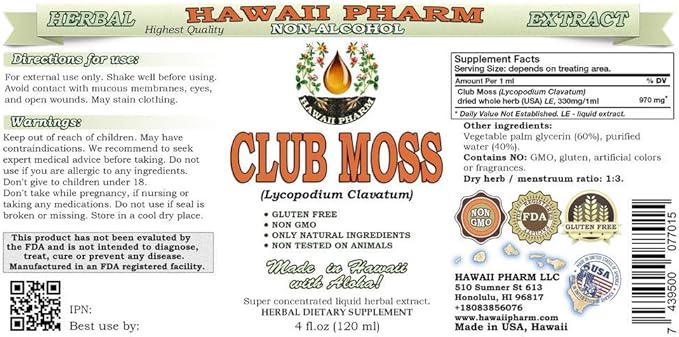 Hawaii Pharm Club Moss Alcohol-Free Liquid Extract, Club Moss (Lycopodium clavatum) Dried Whole Herb Glycerite Natural Herbal Supplement 4x4 oz