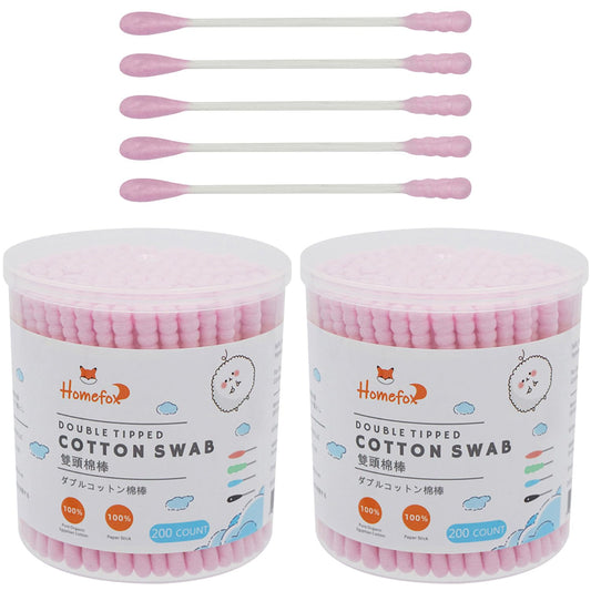 Homefox Pink Cotton Swabs Spiral - 400 Count Organic Cotton Buds Double Side Tightly Wrapped Cotton Tips Paper Stick Soft Gentle