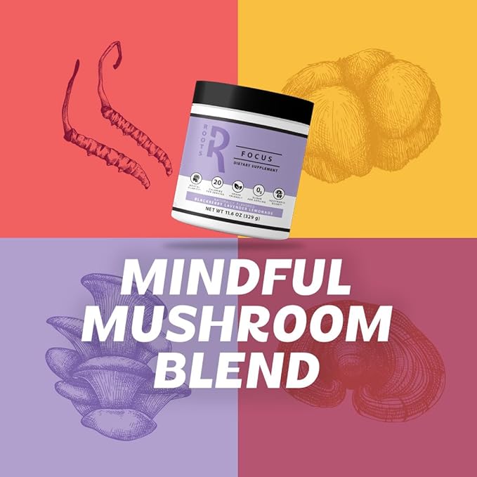 Roots Focus Nootropic Brain Supplement, Strawberry Watermelon, Blend of Lion's Mane, Cordyceps, and Reishi Functional Mushrooms with Extended-Release Caffeine, 15 Servings