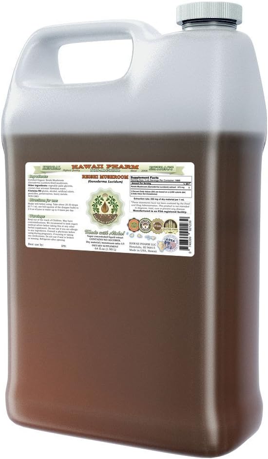 Reishi Alcohol-Free Liquid Extract - Tonic of Emperors, Organic Reishi Mushroom (Ganoderma Lucidum) Dried Mushroom Glycerite Natural Herbal Supplement, Hawaii Pharm, USA 64 fl.oz