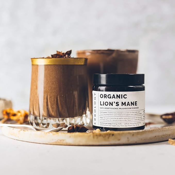 Erbology Organic Lion's Mane Mushroom Powder 50 Servings - 32% Beta-glucans - Calm and Focus - Hericium Erinaceus - Small Batch - Sustainably Grown in Europe - Vegan - Non-GMO - No Added Fillers