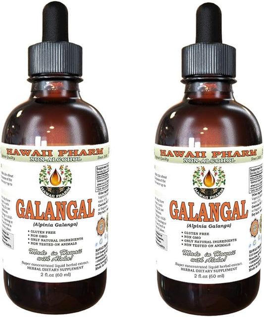 Galangal Root Alcohol-Free Liquid Extract, Organic Organic Galangal (Alpinia Galangal) Dried Root Glycerite Hawaii Pharm Natural Herbal Supplement 2x2 oz