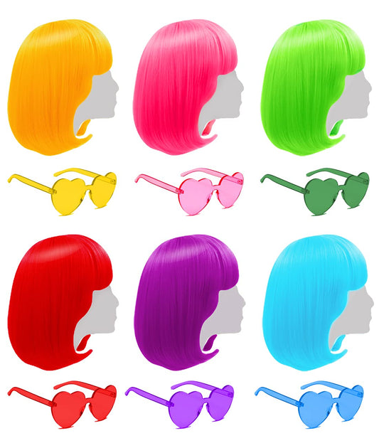 Short Bob Colored Wigs with Bangs,6 Pack Colorful Wigs Fruit Beach Set Cosplay Wig with Heart Sunglasses, Hairpieces for Neon Ha