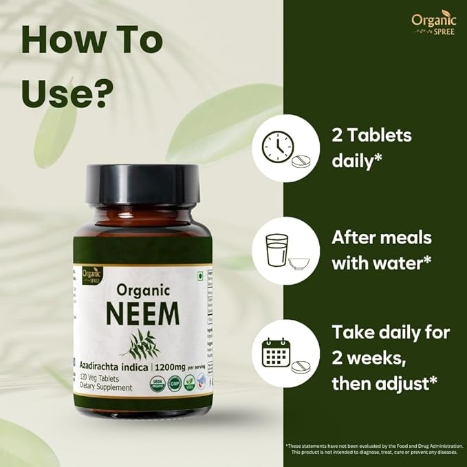 NEEM 120 Tablets | Azadirachta Indica (Neem) | USDA Organic Certified | Healthy Skin and Detox | Organic and Natural 120tab - Pack of 3