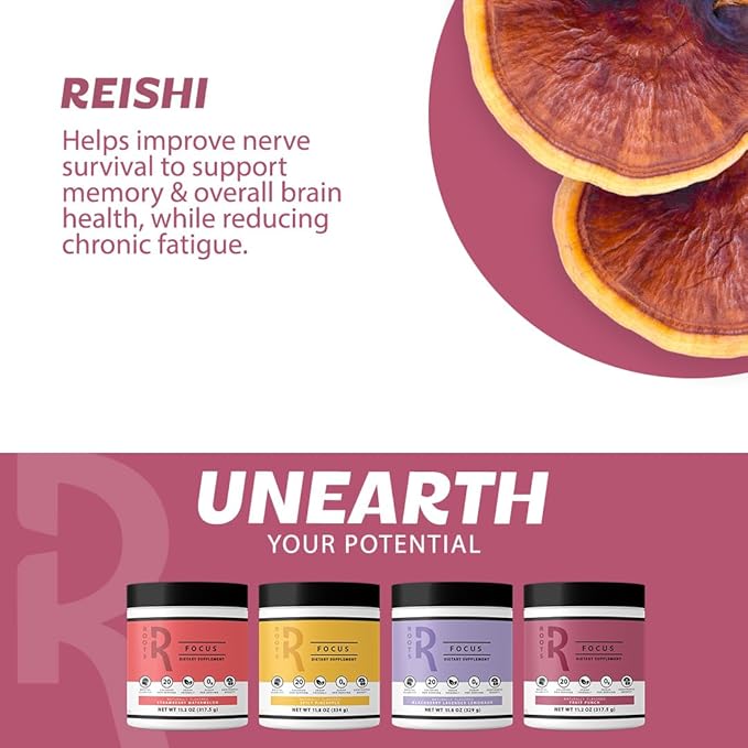 Roots Focus Nootropic Brain Supplement - Strawberry Watermelon & Spicy Pineapple- Lion's Mane, Cordyceps, & Reishi Functional Mushrooms + Extended-Release Caffeine, 100 Servings