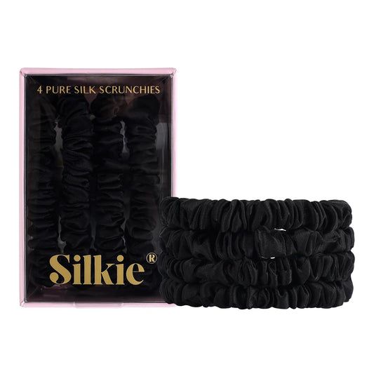 Silkie X4 Set - Better Than Satin - 100% Pure Mulberry Silk Black On Black Skinny Scrunchies Travel Pouch Everyday Hair Ties Ela