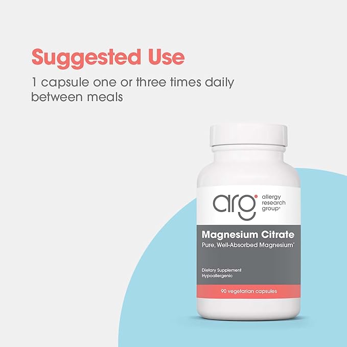 Allergy Research Group Magnesium Citrate Dietary Supplement - Bone & Stress Support, Well-Absorbed, Hypoallergenic, Vegetarian Capsules - 90 Count