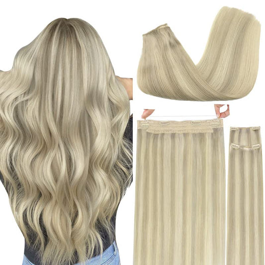 Goo Goo Wire Hair Extensions Human Hair, 17A/60A Ash Blonde Mix Platinum Blonde Highlighted 12Inch 100G, Invisible Wire Hair Ext