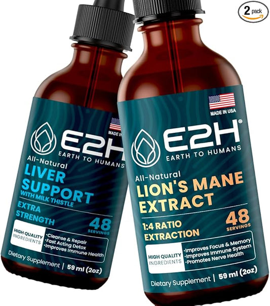 E2H: Liver Support Supplement and Cordyceps Mushroom Supplement | Vegan, Non-GMO - 2 Fl Oz Each (4 Fl Oz Total) - Bundle