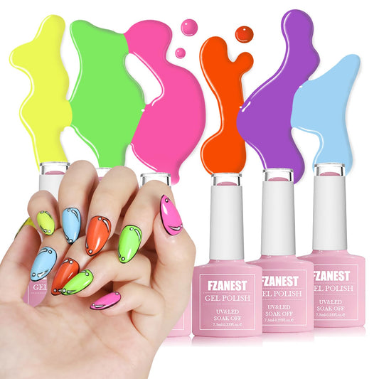 Fzanest Gel Nail Polish Set 6Pcs Neon Yellow Green Hot Pink Blue Purple Gel Polish Kit
