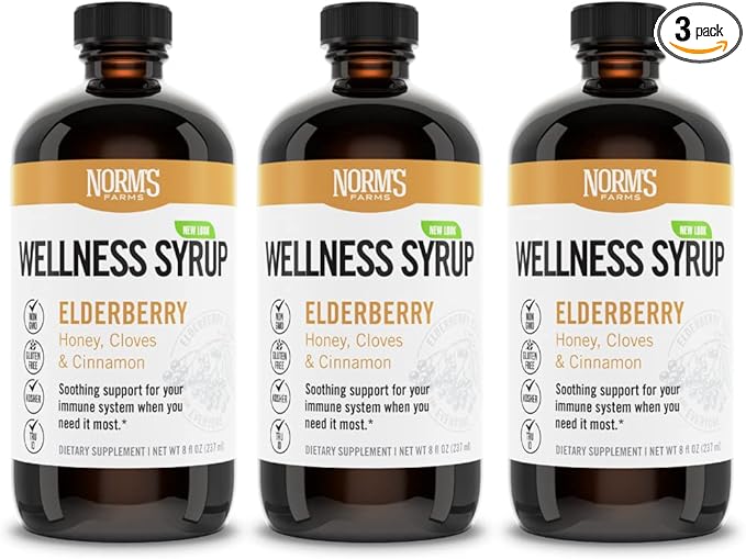 Norm's Farms Black Elderberry Wellness Syrup + Honey, Cinnamon, & Cloves - Natural Immune Support - Kosher, Gluten Free, Non-GMO - 3PK 8 Oz. Bottles