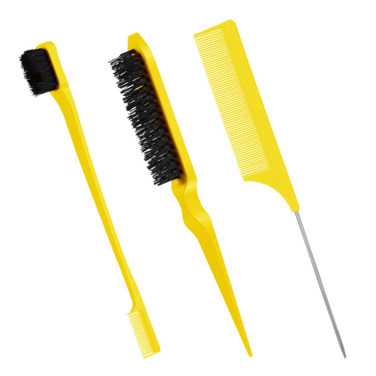 Geiserailie 3 Pcs Slick Back Hair Brush Set Bristle Hair Brush Edge Control Brush Teasing Comb For Women Baby Kids' Black Hair (