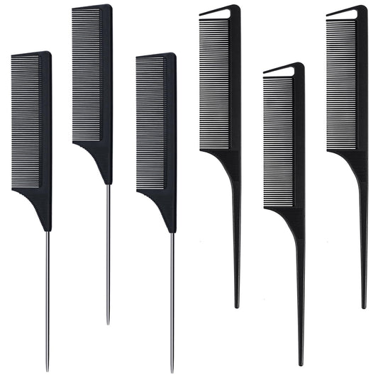 Modengkongjian 6 Packs Hair Rat Tail Combs Parting Rattail Combs Carbon Fiber Heat Resistant Teasing Combs With Stainless Steel