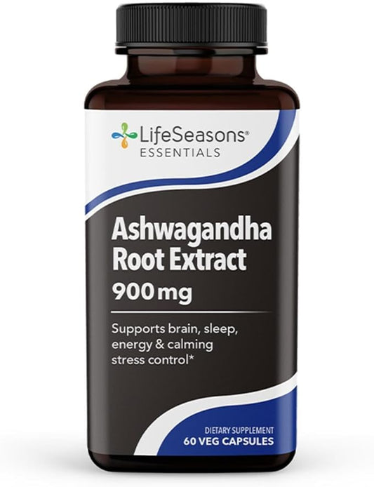 LifeSeasons Essentials Ashwagandha - Stress & Sleep Support Supplement - Calm & Focused Mind - Improves Athletic Performance & Brain Function - 900mg per 2 Capsules - 60 Capsules