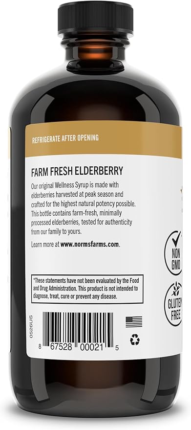 Norm's Farms Black Elderberry Wellness Syrup + Honey, Cinnamon, & Cloves - Natural Immune Support - Kosher, Gluten Free, Non-GMO - 3PK 8 Oz. Bottles
