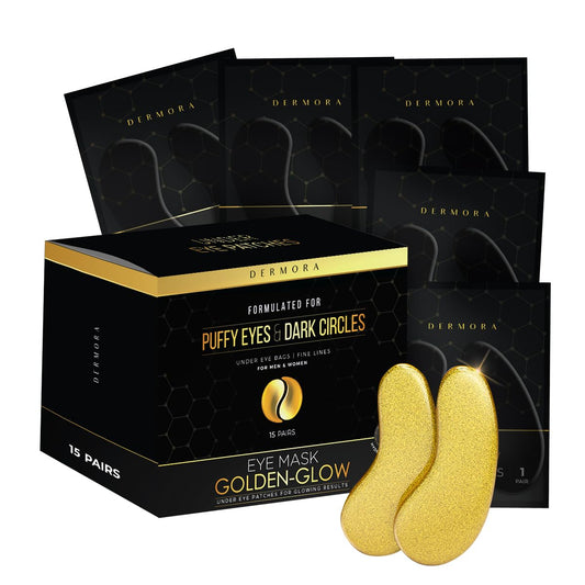 DERMORA Golden Glow Under Eye Patches (15 Pairs Eye Gels) - Rejuvenating Treatment for Dark Circles, Puffy Eyes, Refreshing, Rev