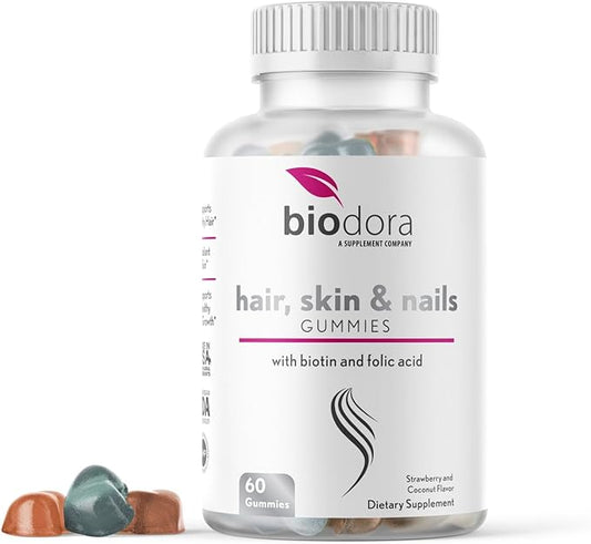 Hair Skin and Nails Gummies, Extra Strength Biotin Gummies with Folic Acid, Inositol and Vitamins, PCOS Symptom Relief & Hormone Balance, Sugar-Free Strawberry & Coconut Flavor, 60 Gummies