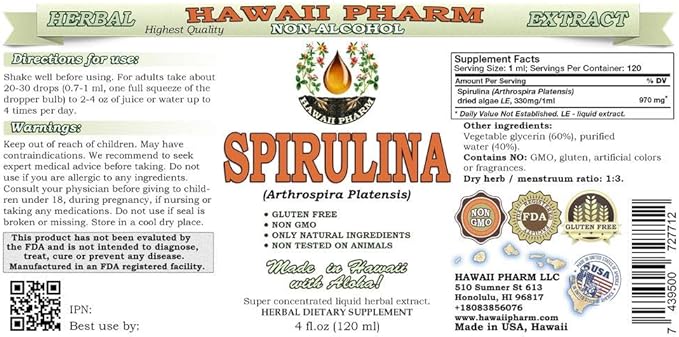 Spirulina Alcohol-Free Liquid Extract, Organic Spirulina (Arthrospira platensis) Dried Algae Glycerite Natural Herbal Supplement, Hawaii Pharm, USA 2x4 fl.oz