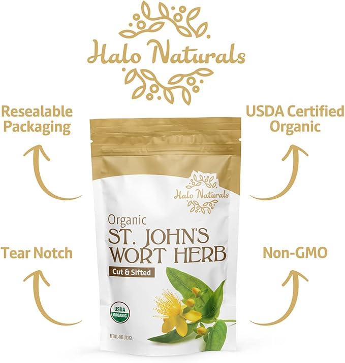 Organic St. John's Wort Herb Cut & Sifted, 4 Ounces (Hypericum perforatum) USDA Certified | Resealable Pouch| Packaged in The USA (Pack of 1)