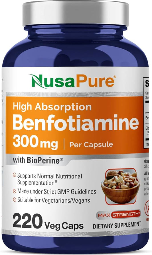 NusaPure Benfotiamine 300mg Per Veggie Caps 220 Count (Non-GMO, Vegan, Gluten-Free) Bioperine