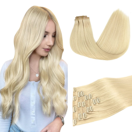 Doores Seamless Clip In Hair Extensions Real Human Hair, Bleach Blonde 18 Inch 7Pcs 110G, Invisi Edge Hair Extensions Human Hair