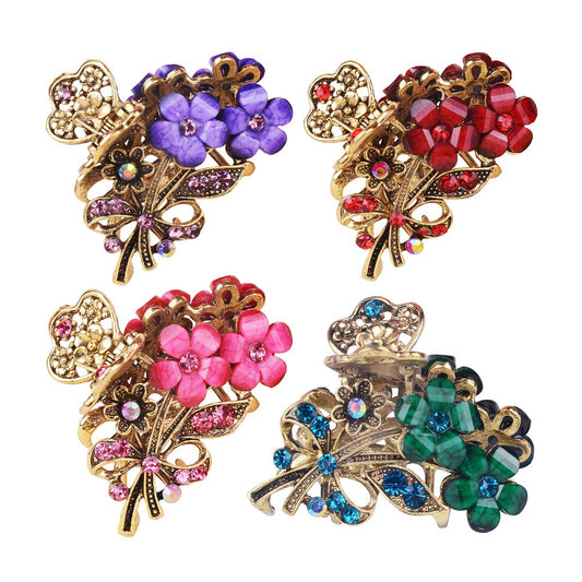 Numblartd 4 Pcs Vintage Flowers Medium Size Fancy Hair Claw Jaw Clips Pins With Rhinestone - Women Chic Metal Alloy Hair Clamp H