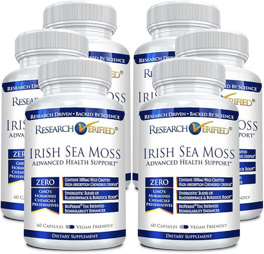 Research Verified Irish Sea Moss - Bladderwrack, Burdock, BioPerine - Rich in Prebiotics - Boost Immunity, Aid Digestion - 360 Capsules - Vegan - Made in The USA