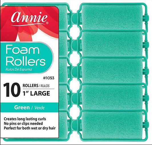Annie Classic Foam Cushion Rollers #1053, 10 Count Green Large 1 Inch