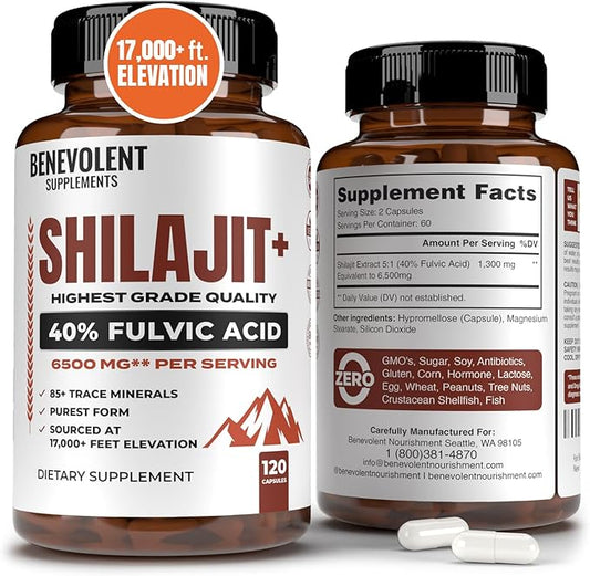 6,500mg Shilajit Supplement with 40% Fulvic Acid (High Absorption) | Shilajit Mineral Supplement with 85+ Trace Minerals for Energy, Performance & Immune Health - 120 Capsules