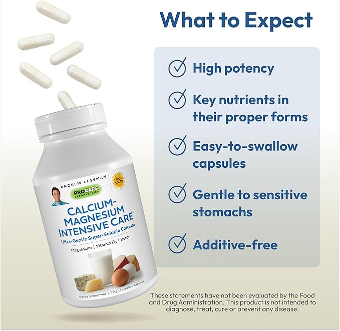 ANDREW LESSMAN Calcium Magnesium Intensive Care Capsules - Bone and Skeleton Health Essentials. Easy to Swallow Capsules, Super Soluble Fine Powder. Gentle to Even The Most Sensitive Stomachs