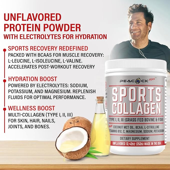 Sports Collagen Powder, 12.42 oz - Grass Fed Bovine & Wild Fish Hydrolyzed Type I, II, III Multi Collagen Peptides, Unflavored Protein Powder with BCAA, Magnesium & Electrolytes