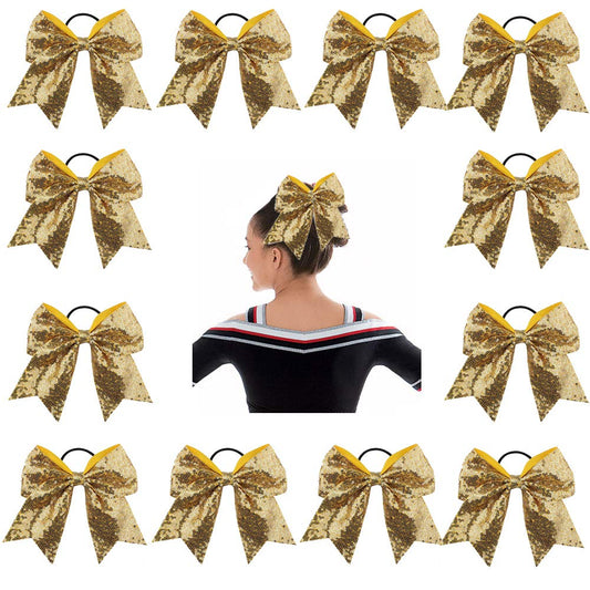 Oaoleer 12Pcs 7'''' Large Glitter Cheer Hair Bows Ponytail Holder Elastic Band Handmade For Cheerleading Teen Girls College Spor