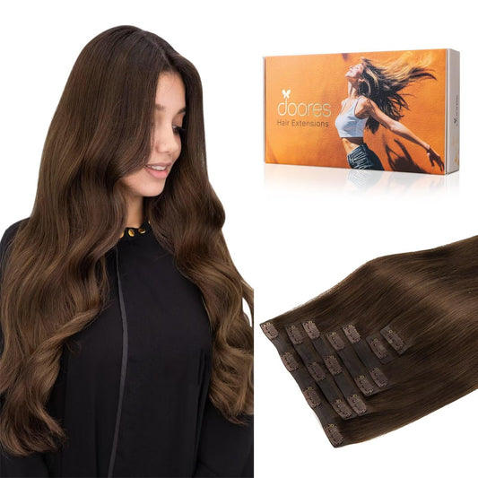 Doores Human Hair Clip In Extensions, Chocolate Brown 14 Inch 7Pcs 110G, Seamless Clip In Hair Extensions Seamless Weft Remy Thi
