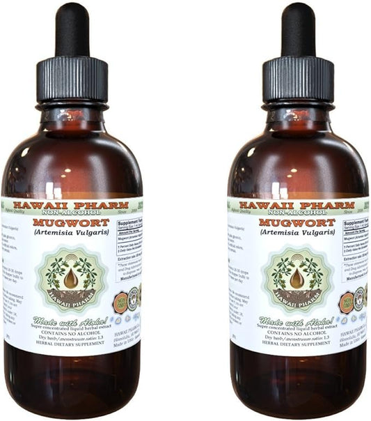 Mugwort Alcohol-Free Liquid Extract, Organic Mugwort (Artemisia vulgaris) Dried Flower Glycerite Natural Herbal Supplement, Hawaii Pharm, USAt 2x2 oz