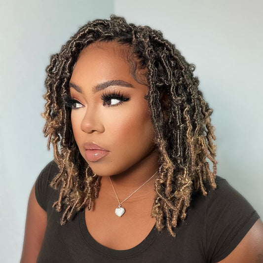Toyotress Butterfly Locs Crochet Hair - 12 Inch 7Pcs Ombre Blonde Pre-Twisted Distressed Crochet Braids, Short Bob Faux Locs Pre