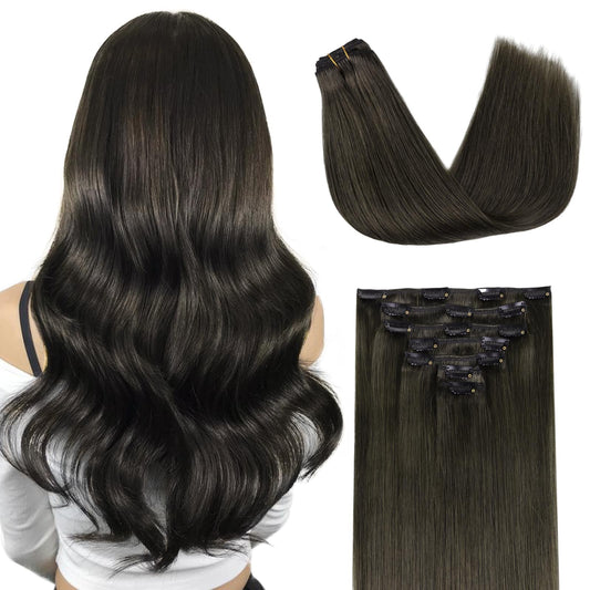 Doores Clip In Hair Extensions Human Hair Extensions, Mocha Brown 16 Inch 7Pcs 120G, Real Hair Extensions Remy Natural Human Hai