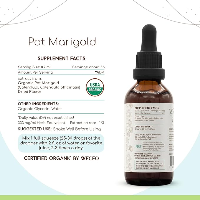 Pot Marigold B60 USDA Organic Tincture | Alcohol-Free Extract, High-Potency Herbal Drops | Certified Organic Pot Marigold (Calendula, Calendula Officinalis) Dried Flower (2 oz)