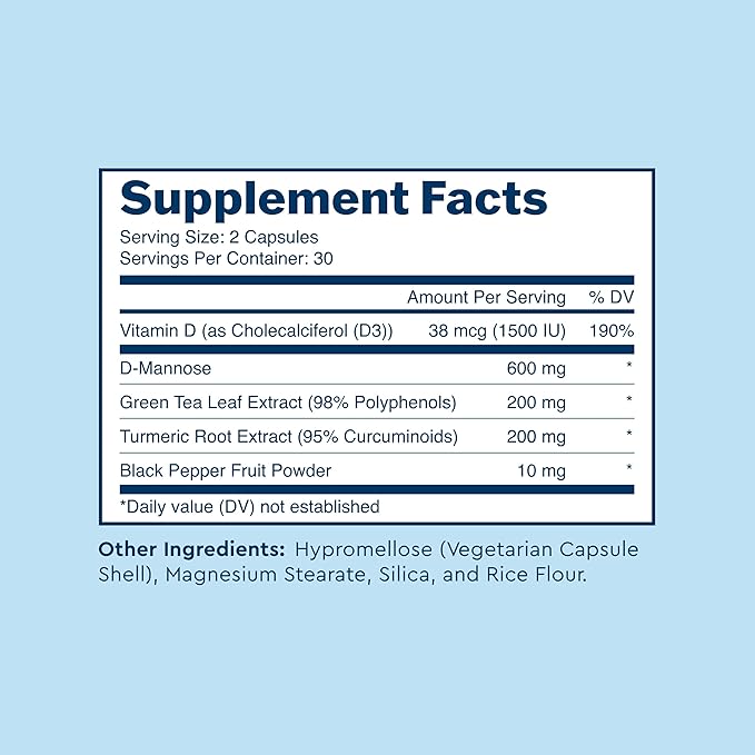 Uqora Defend - Urinary Tract Health Supplement - Support Bladder Health & Cleanse Biofilm* with D-Mannose, Green Tea Extract, Turmeric Extract & More - Gluten-Free - 60 Capsules (30-Day Supply)