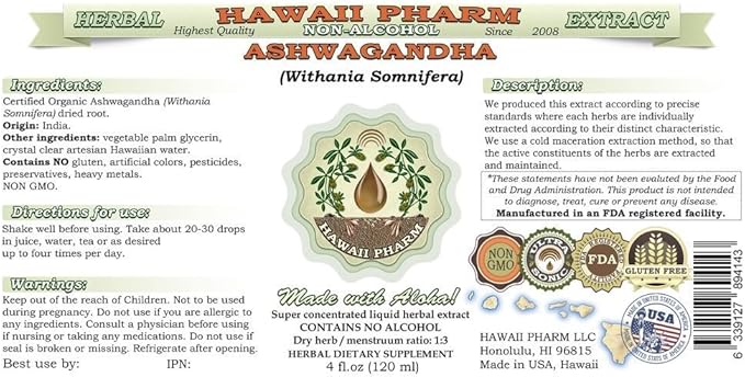 Ashwagandha Alcohol-Free Liquid Extract, Organic Ashwagandha (Withania Somnifera) Dried Root Glycerite Hawaii Pharm Natural Herbal Supplement 2x4 oz
