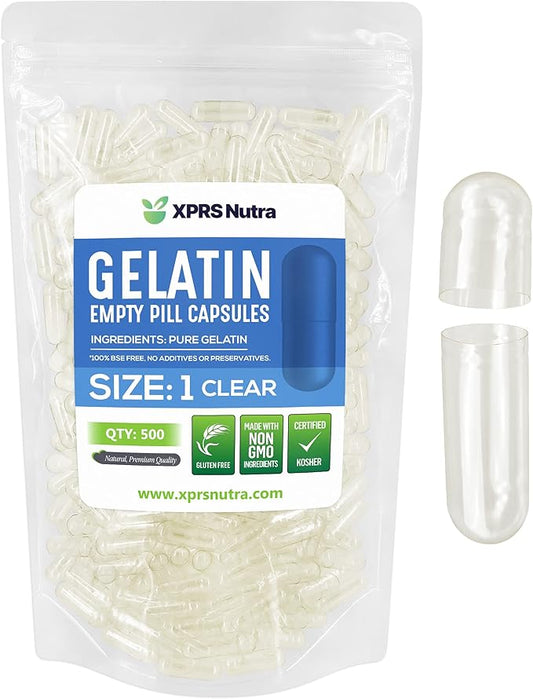XPRS Nutra Size 1 Empty Capsules - 500 Count Empty Gelatin Capsules - Empty Pill Capsules - DIY Capsule Filling - Pure Bovine Pill Capsules Empty Gel Caps (Clear)