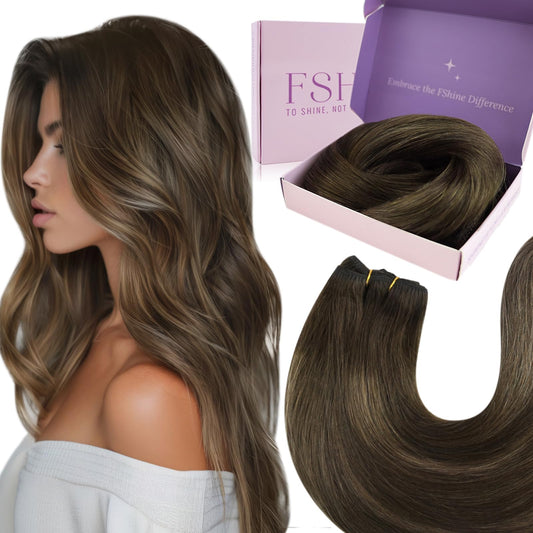 Fshine Brazilian Hand Tied Weft Hair Extensions Human Hair 16Inch 100G Balayage Darkest Brown Mixed Light Brown Straight Remy Ha